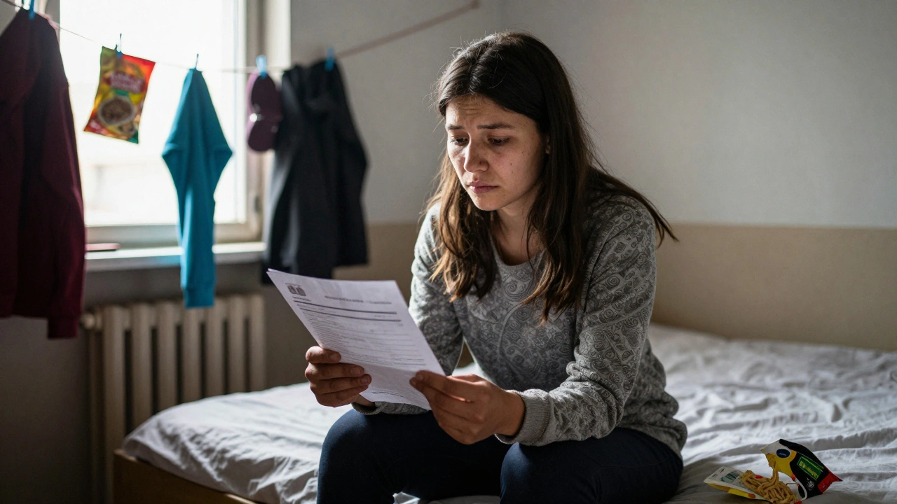 Молодая женщина с заявлением о работе и телефоном в маленькой гостиничной комнате.