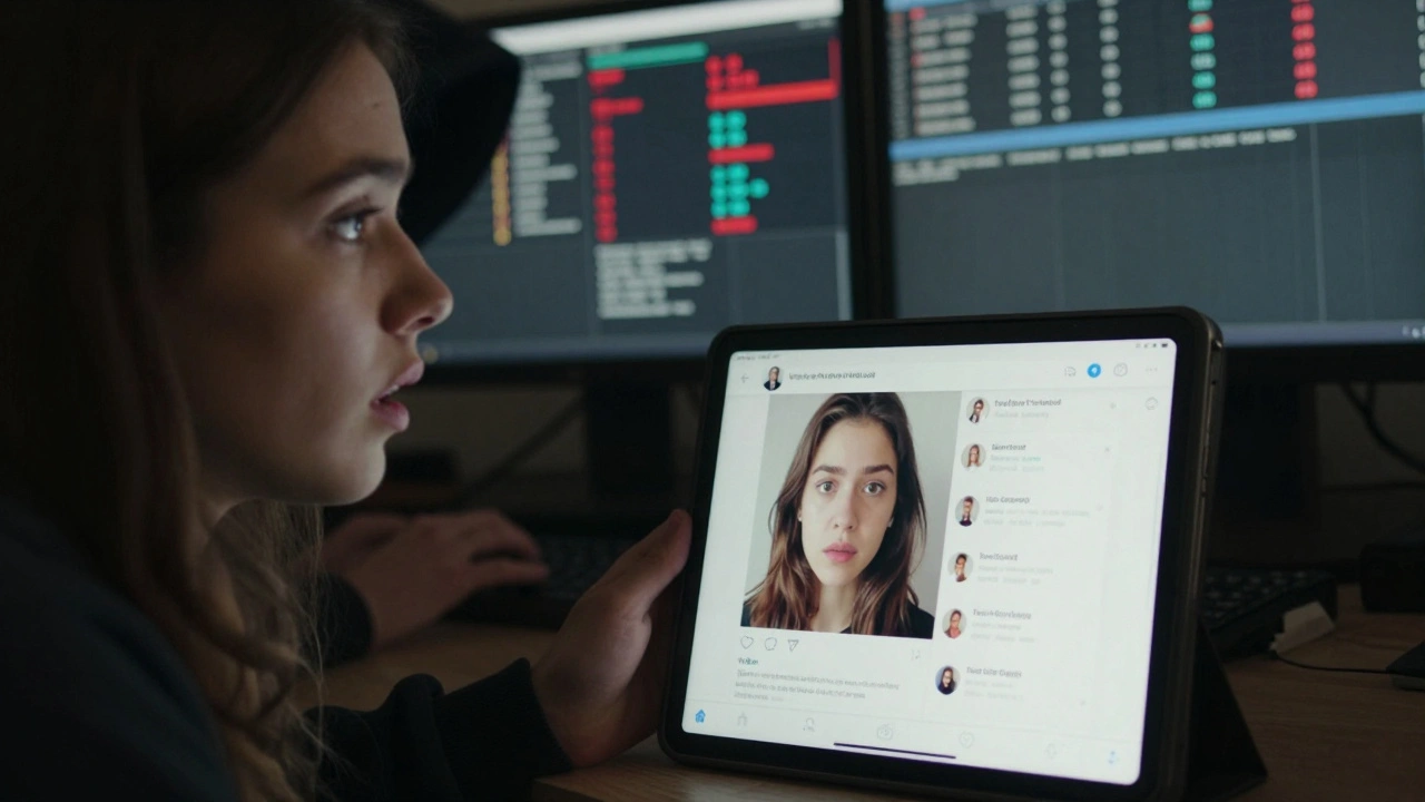 Молодая женщина смотрит на свой фото в группе ВК, рядом — её реальный профиль и тени операторов.