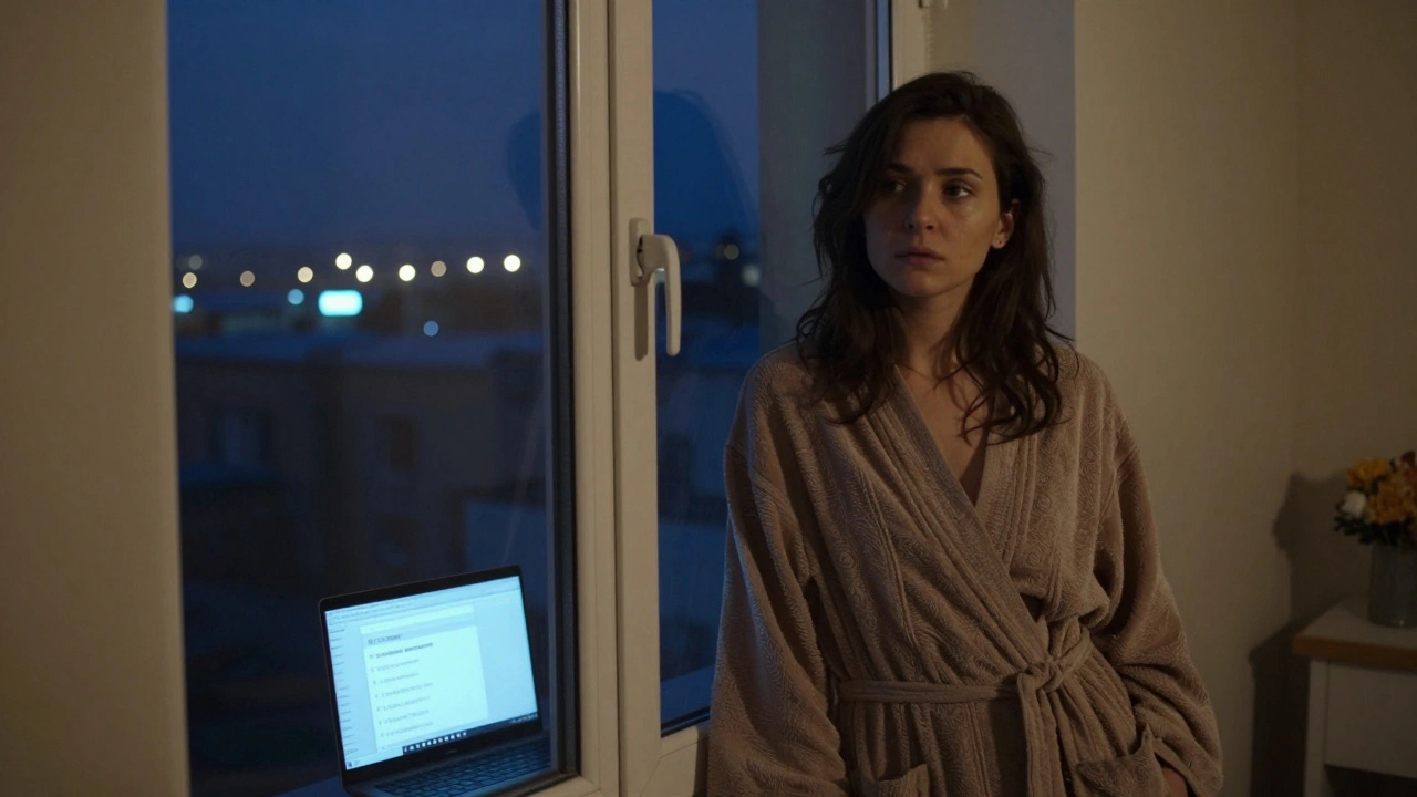 Молодая женщина в халате у окна, за ней — город и экран с объявлением о релакс-услугах, выражение усталости.