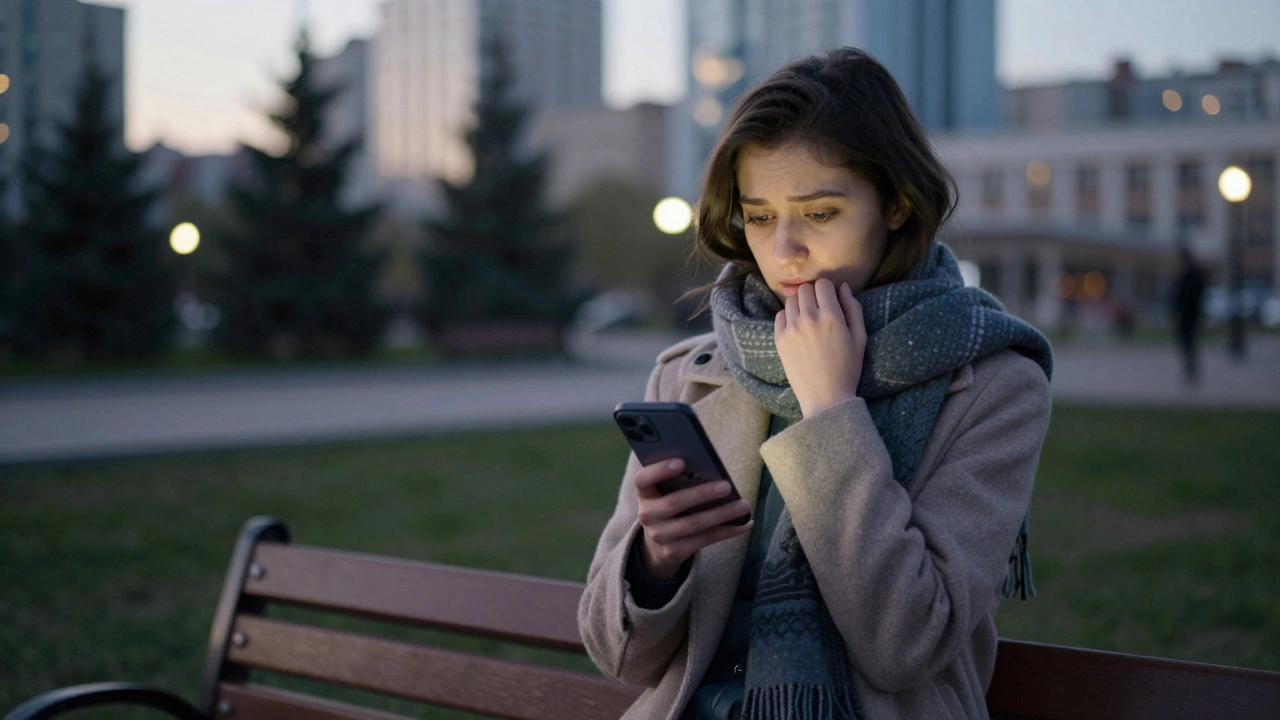 Молодая женщина в парке Астаны смотрит на телефон с чатом знакомств.