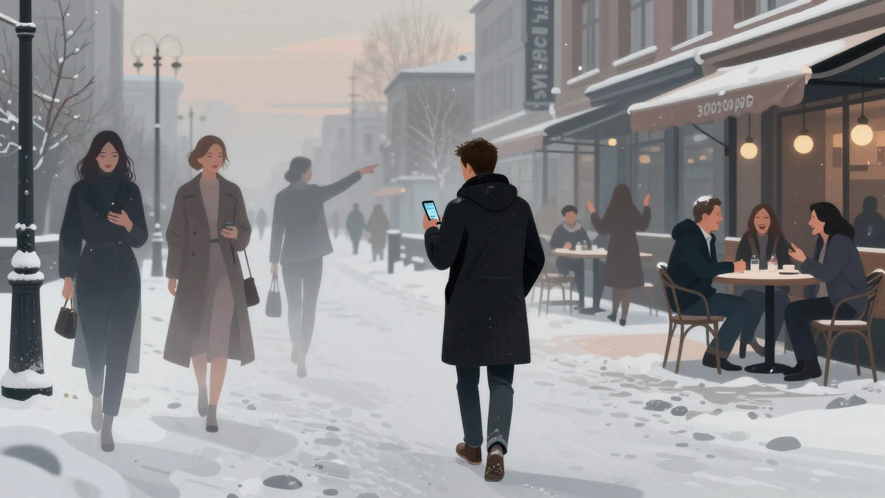 Мужчина гуляет по снежной улице Астаны, в телефоне — фейковая анкета, вокруг него — призрачные силуэты девушек.