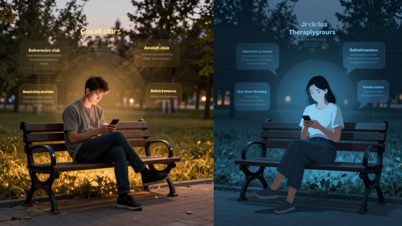 Мужчина и женщина на скамейке в парке, вокруг них — тусклые образы альтернативных путей к близости.