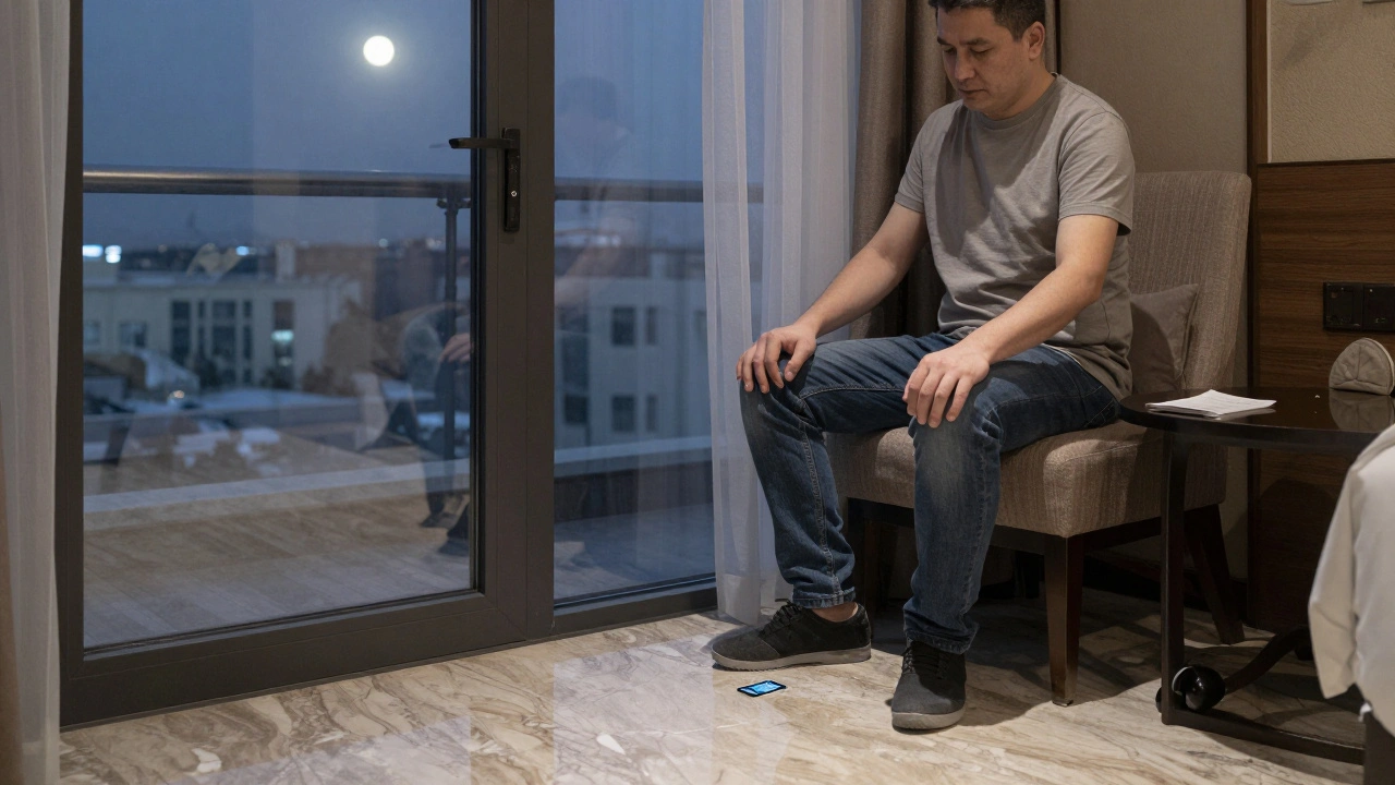 Мужчина в джинсах ждет в люксовом номере, ключ и записка на столе, холодный свет луны