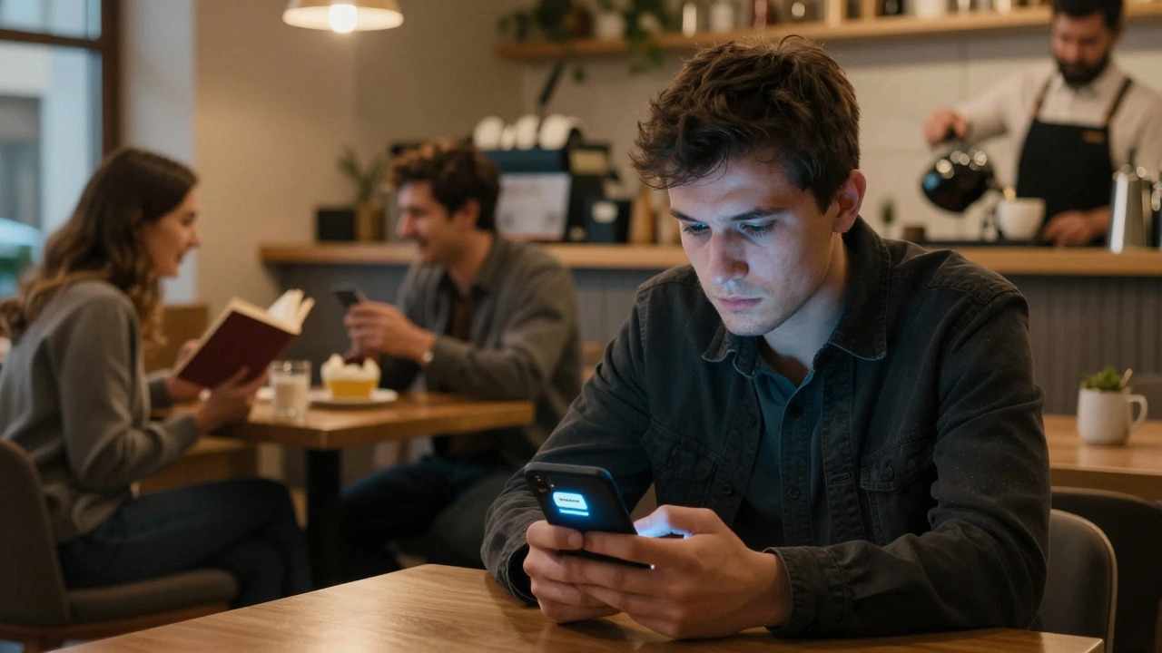 Мужчина в кафе смотрит на телефон, вокруг него живут люди, экран телефона отражает скрытое сообщение.