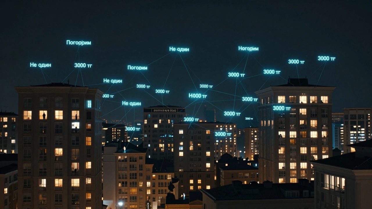 Ночной пейзаж Астаны с тысячами светящихся текстовых сообщений, соединяющих одиноких людей в окнах зданий.