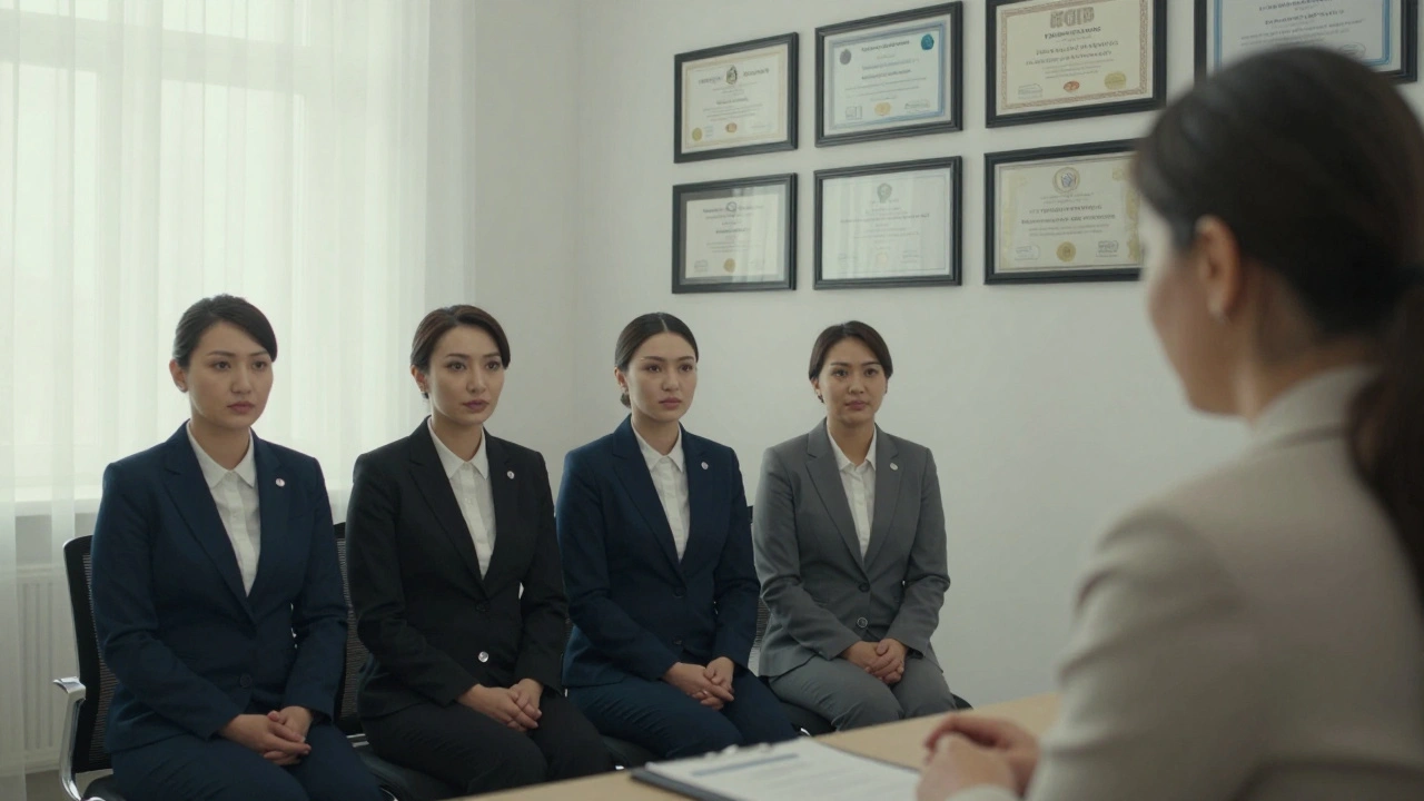 Отбор кандидаток в агентстве: женщины в деловых костюмах проходят собеседование.