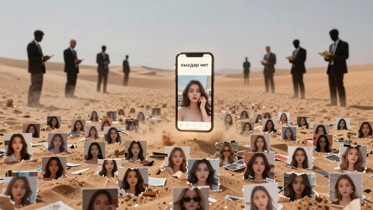Пейзаж из тысяч фрагментированных фото девушек, исчезающих в пыли, над ними — экран с надписью &#039;кыздар нет&#039;.
