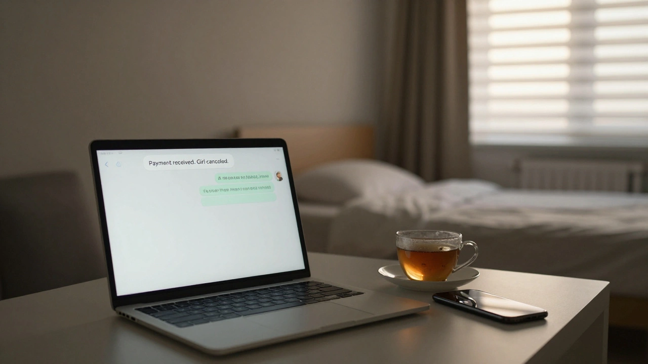 Пустая комната с открытым ноутбуком и сообщением о отмененной встрече, утром.