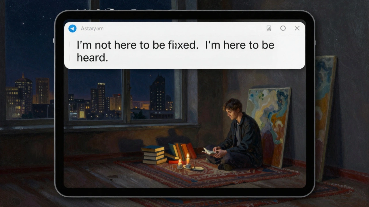 Пустой чат в Telegram с сообщением &#039;Я не хочу, чтобы меня исправили&#039;, отражение в темном экране.