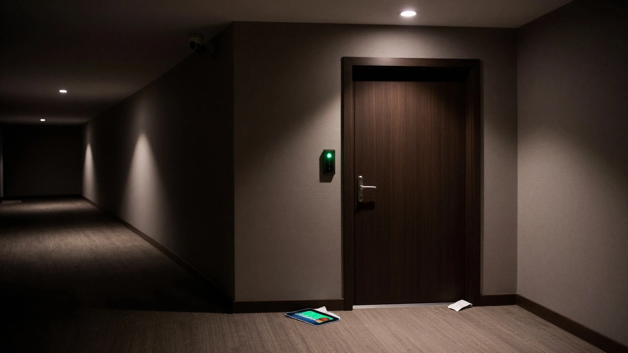 Пустой коридор отеля в Астане ночью с цифровым замком и следами оплаты — без людей, только анонимность.