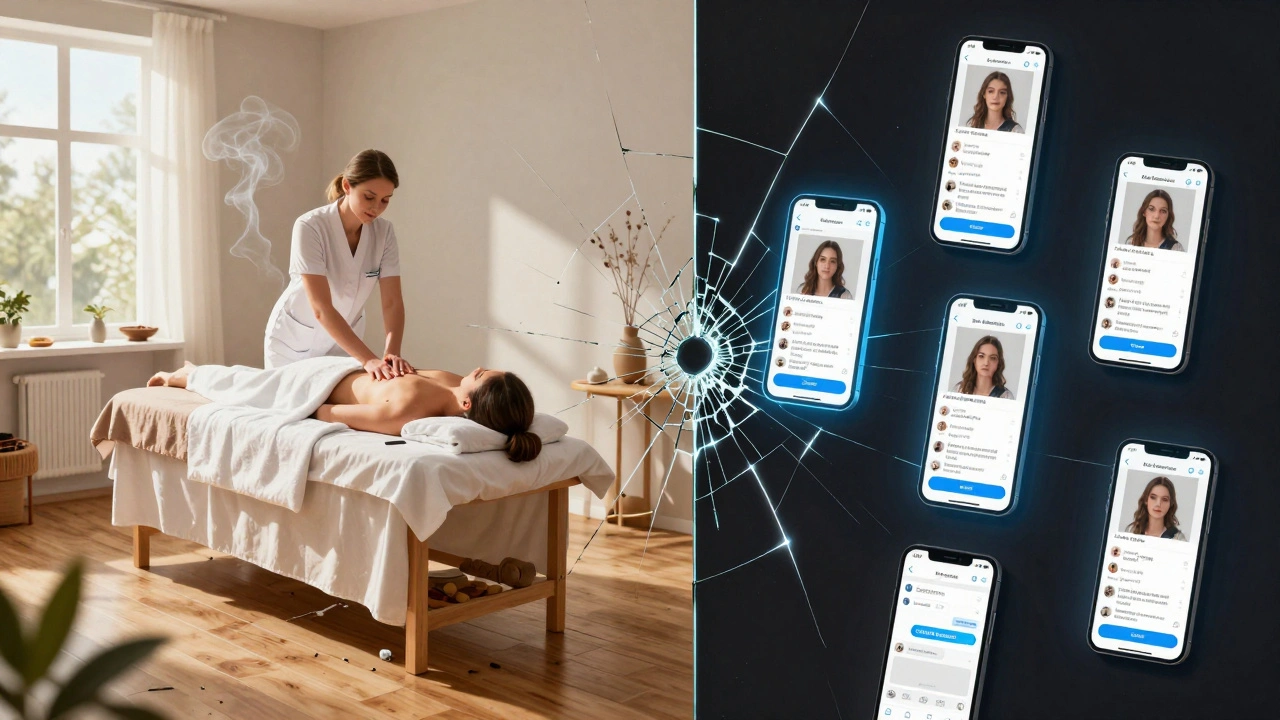 Разделенная сцена: спа-центр с массажем слева и тёмная комната с объявлениями справа, разделённые зеркалом.