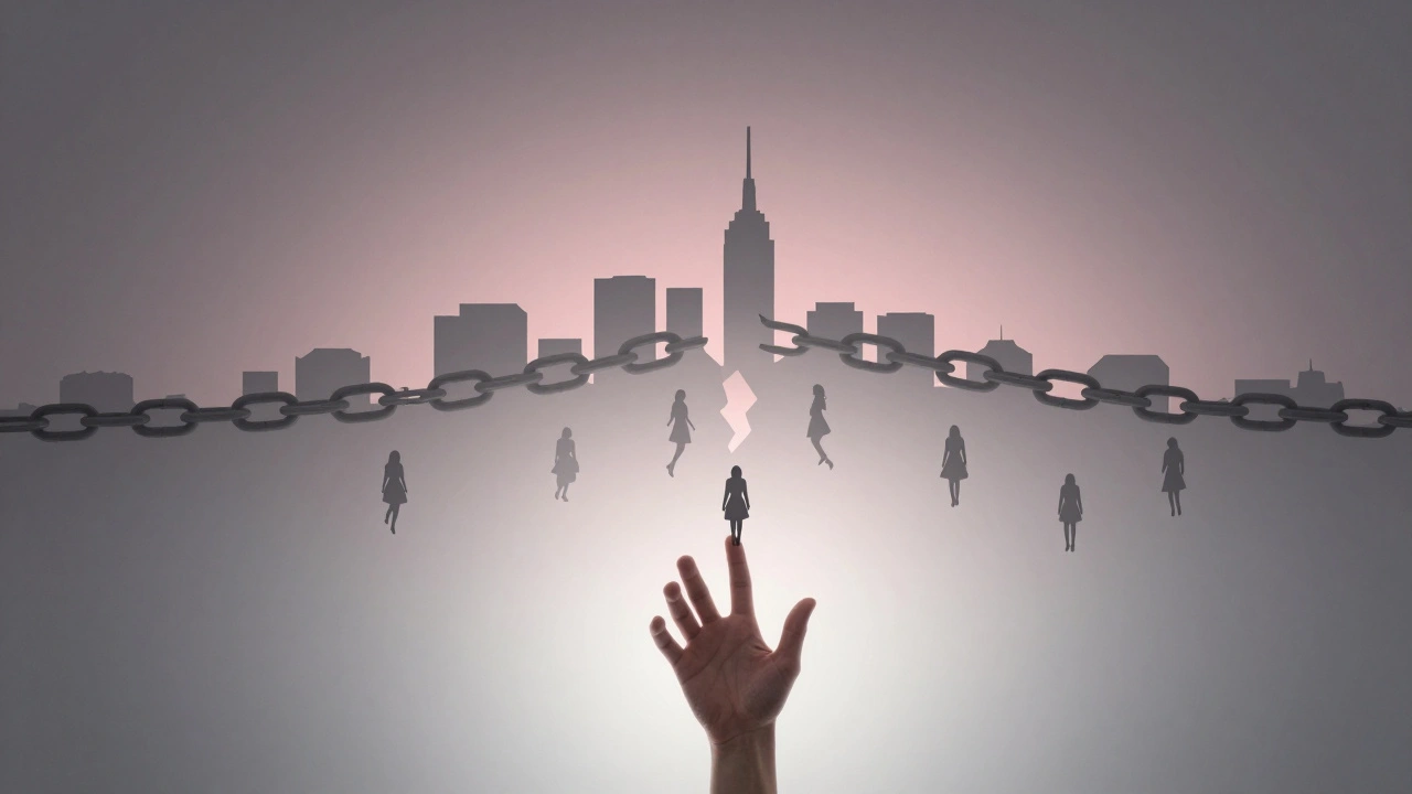 Разорванная цепь в форме города, женщины падают с звеньев, одна рука тянется вверх.