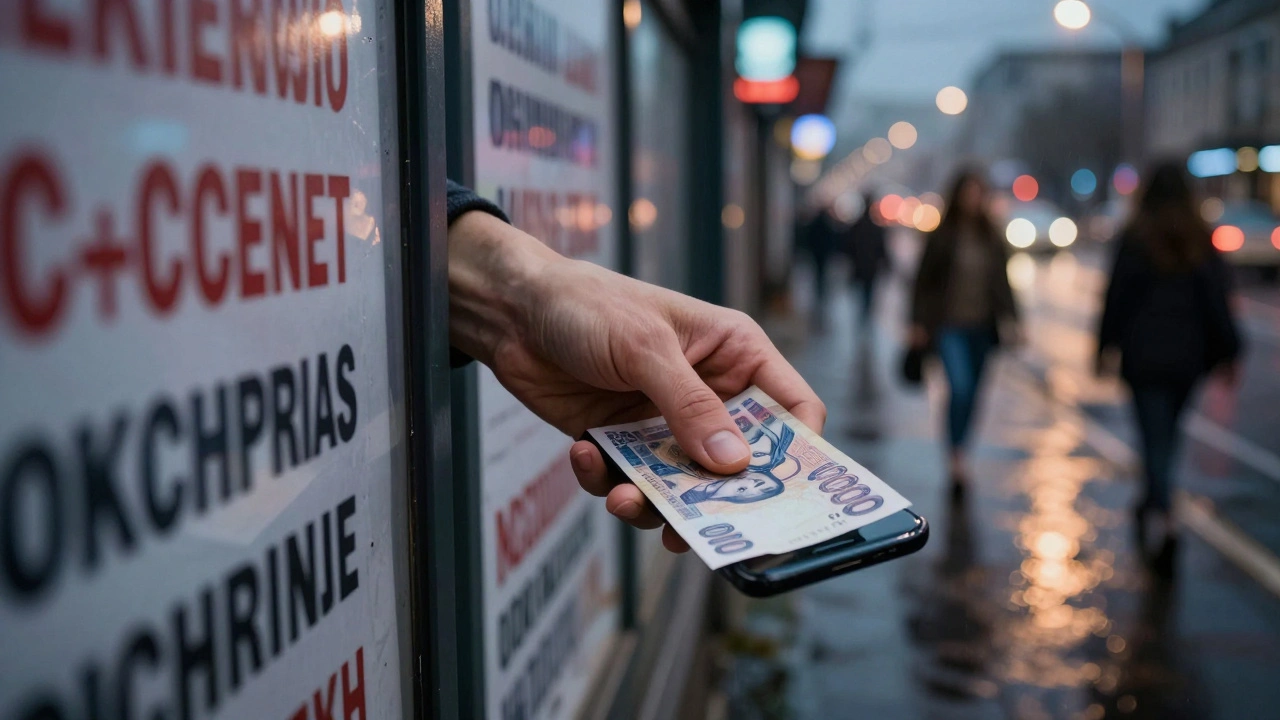 Рука держит 2000 тенге, на фоне — мигающие огни городских улиц и бегущие женщины.