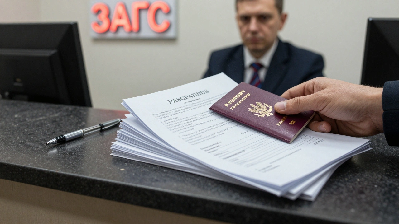 Рука кладет документы на стойку ЗАГСа, чиновник не смотрит в сторону заявителя.