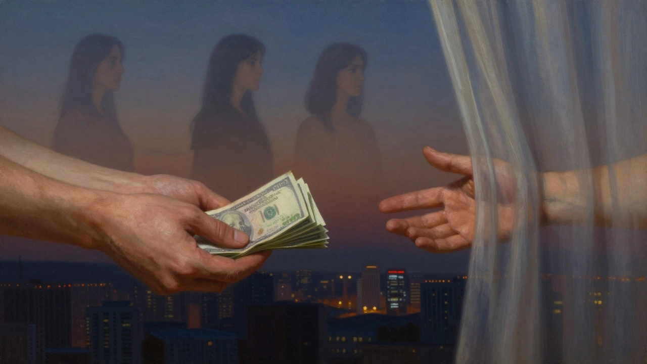 Рука с деньгами и призрачная рука за занавеской на фоне ночного города, символизирующие эксплуатацию.