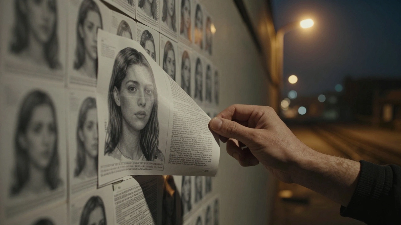 Рука срывает листовку, под ней — слои таких же, с едва видимыми силуэтами женщин.