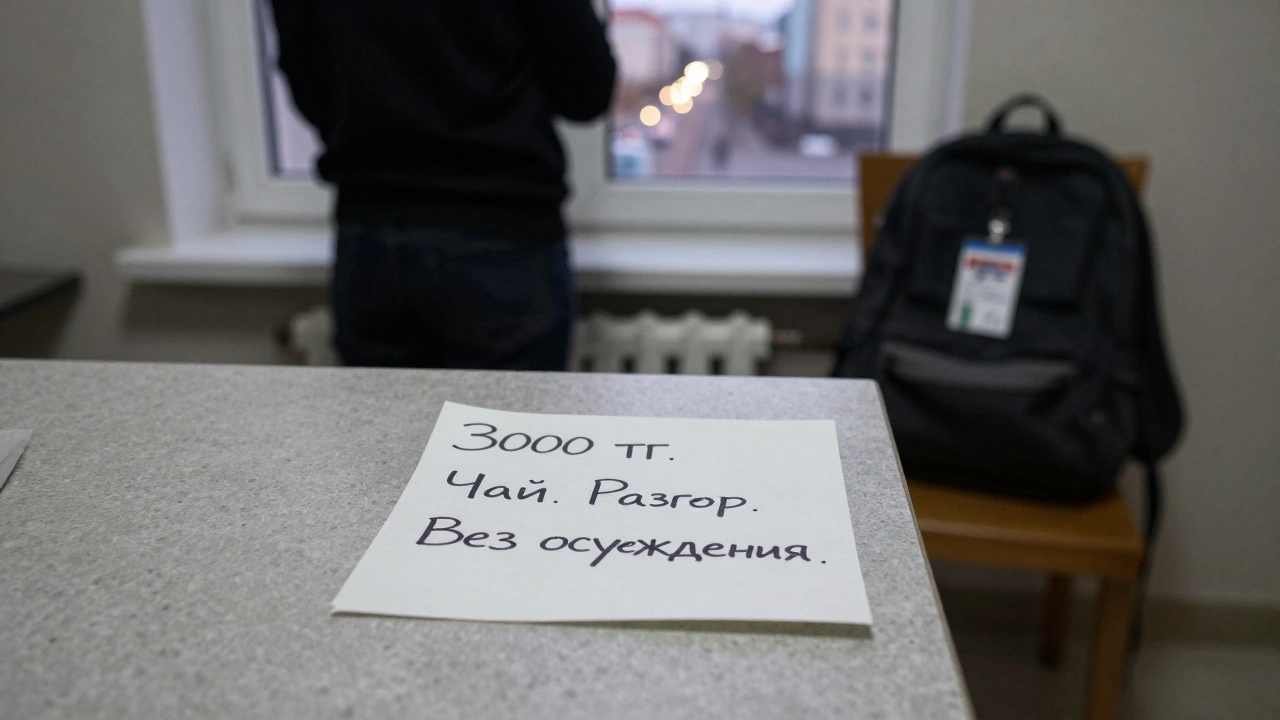 Рукописная записка с ценой и предложением разговора на кухонном столе, рядом — рюкзак и студенческий билет.