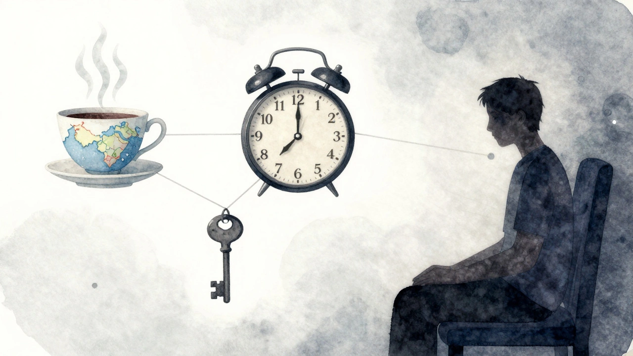 Символические элементы: чашка чая, кот и ключ, соединённые тонкими линиями, символизирующие безопасность и спокойствие.