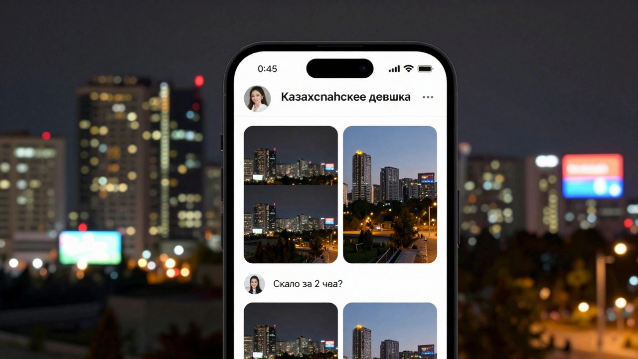 Смартфон с группой ВКонтакте, показывающей одинаковые фото и вопрос в комментариях, фон — ночной Астана.