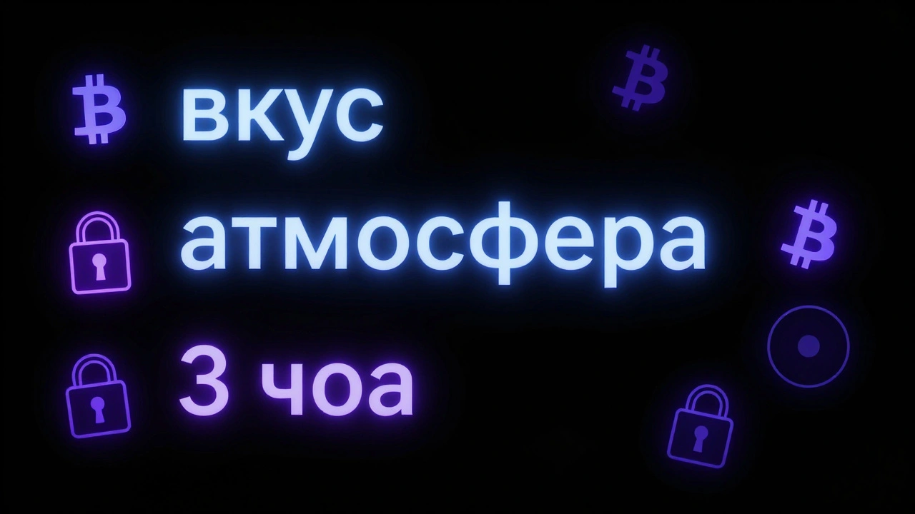 Темный экран Telegram с зашифрованными фразами и символами биткоина, без лиц