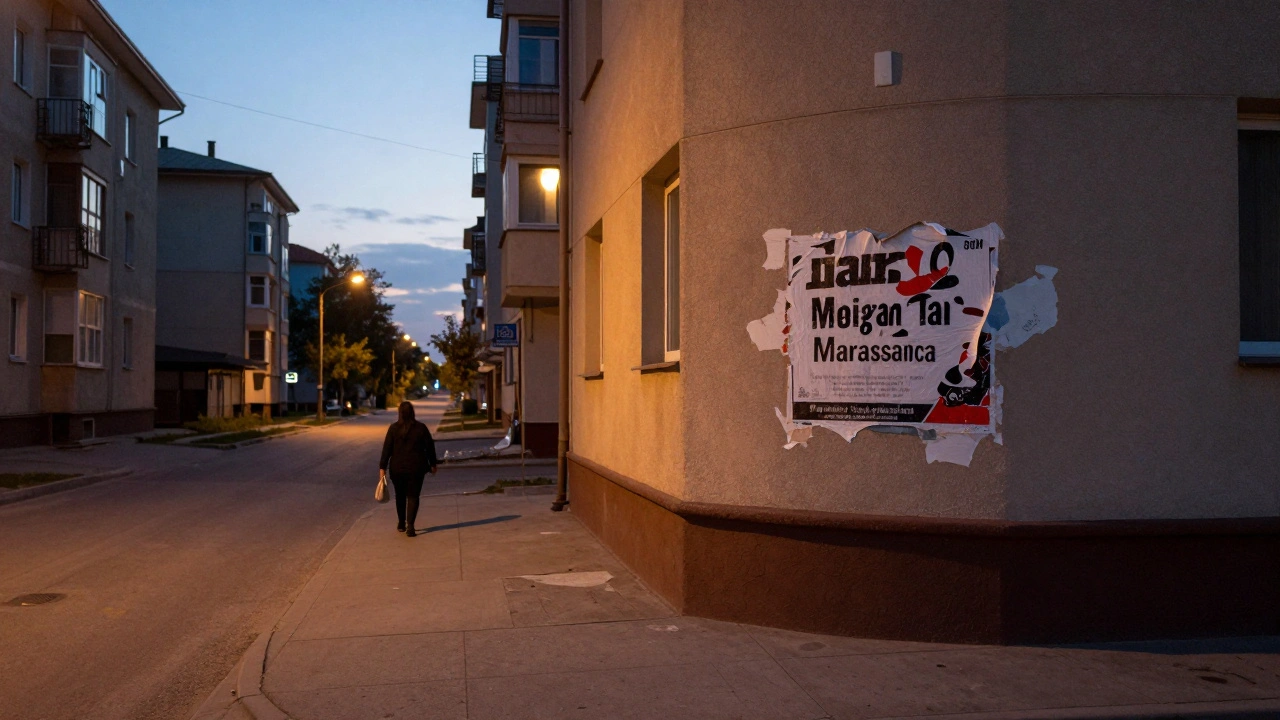 Темный вечер в спальном районе Астаны: одна светящаяся лампа, женщина уходит вдаль.