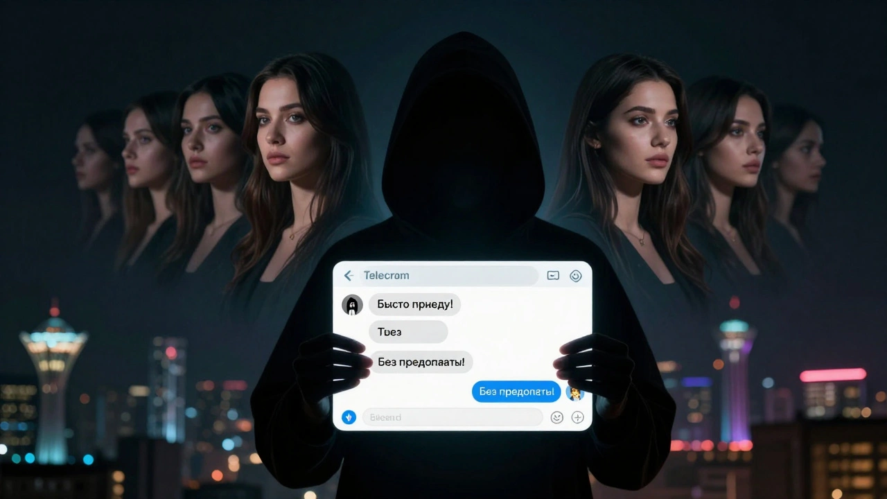 Тень человека с чатом Telegram, за которой отражаются клоны лиц женщин, символизирующие масштабное мошенничество.