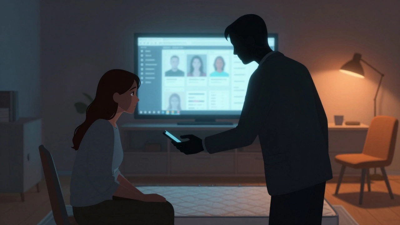 Тень в костюме передает телефон девушке в темной комнате, на экране — каталог с услугами.