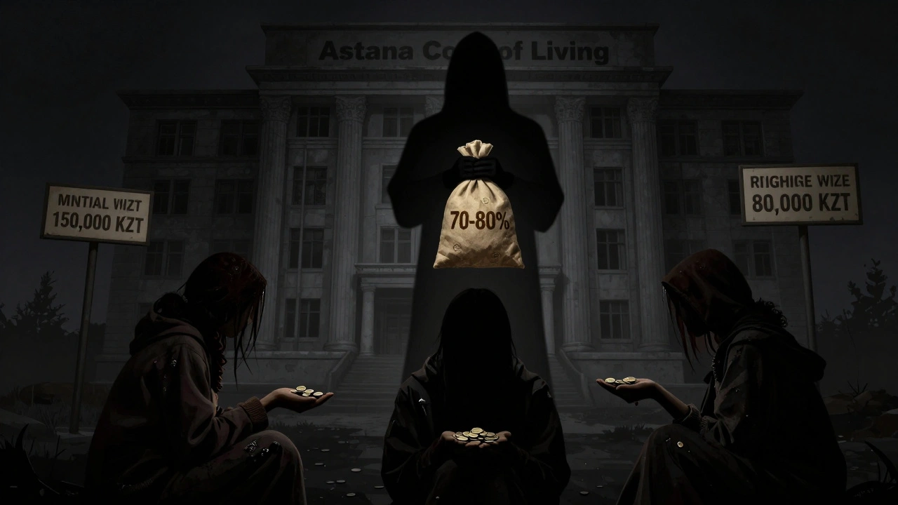 Тень забирает деньги у трёх женщин, на фоне — надписи о стоимости жизни в Астане.