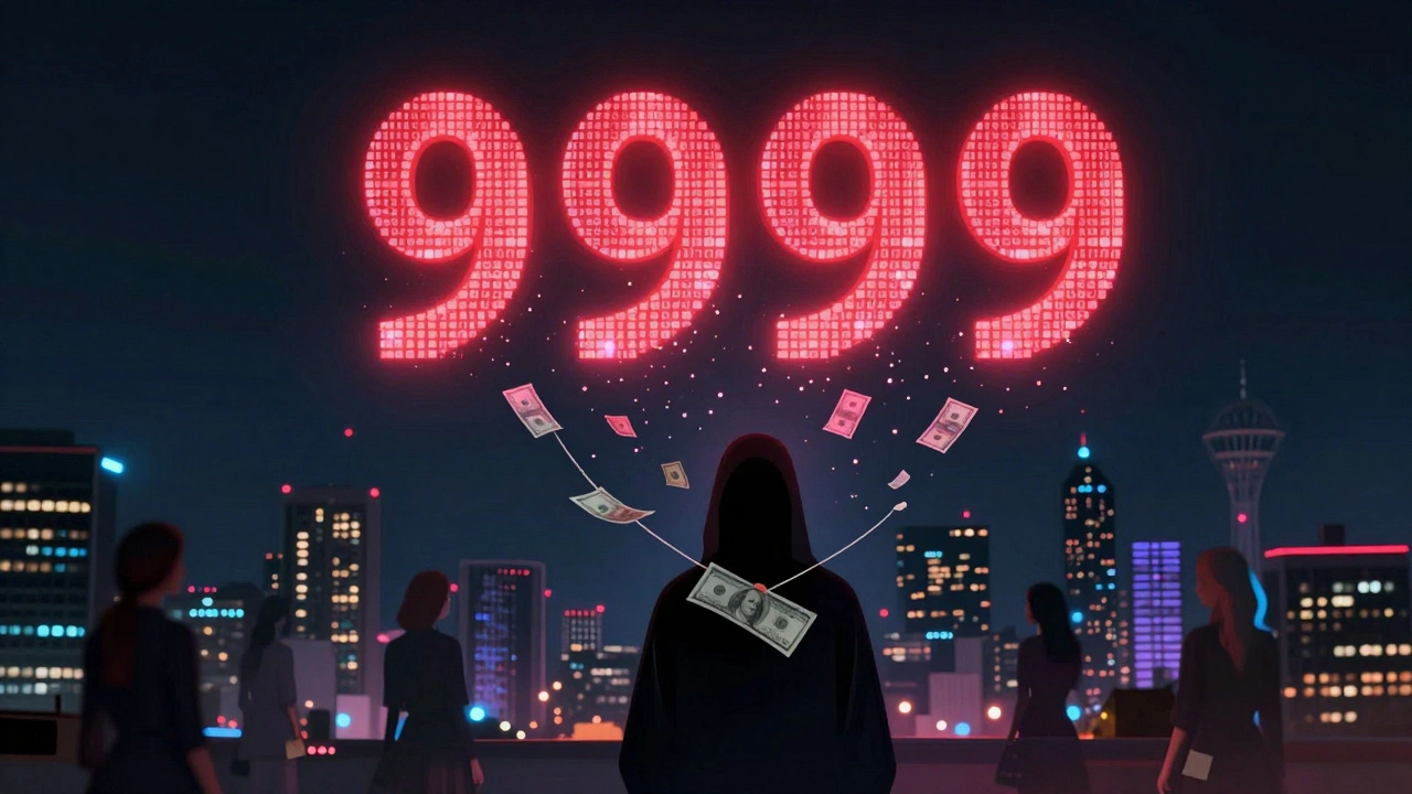 Тени в виде денег, превращающихся в цифру 9999 над ночным силуэтом Астаны.