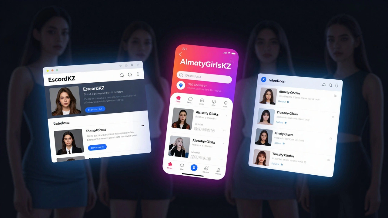 Три цифровых интерфейса с сайтами знакомств, позади — размытые силуэты женщин.