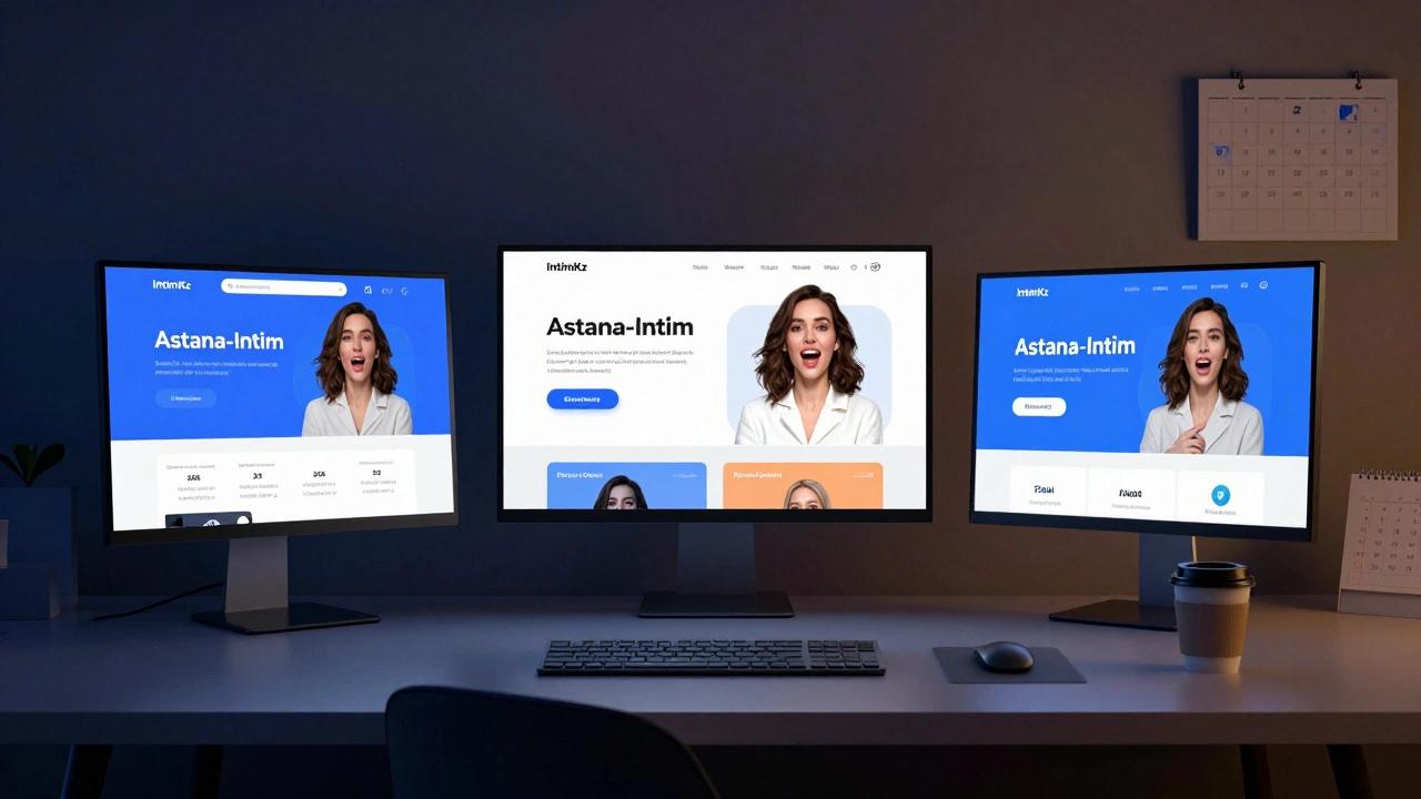 Три экрана с объявлениями на платформах IntimKz, Astana-Intim и Telegram в темной комнате.