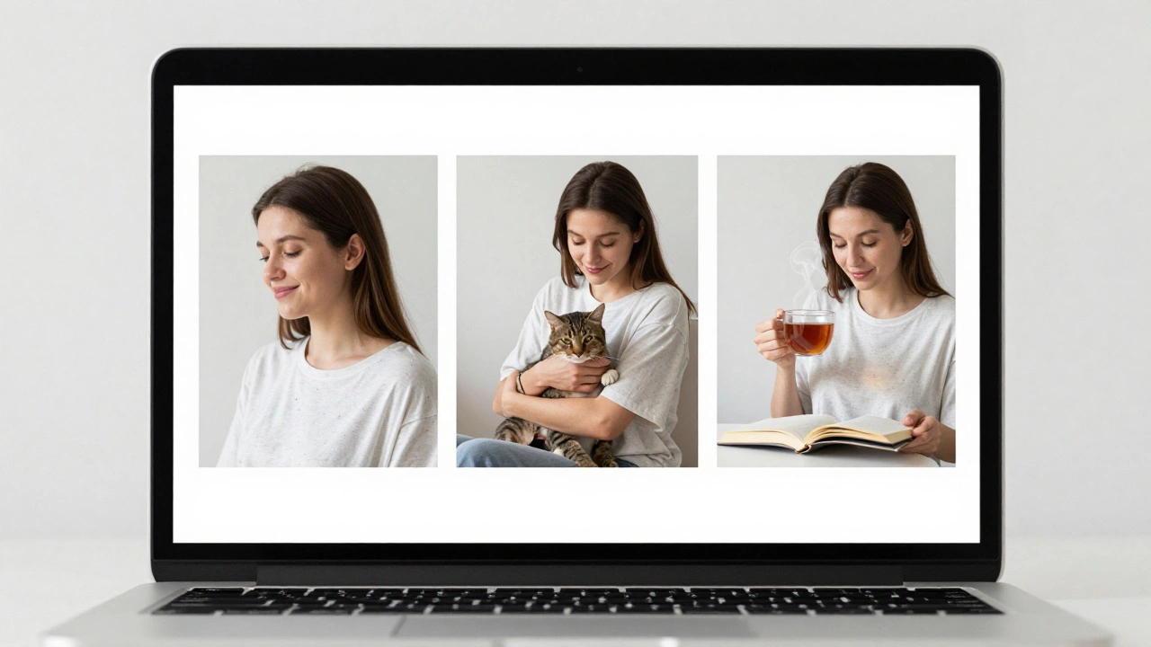 Три фотографии на экране ноутбука: с кошкой, с чашкой чая и с книгой — в едином стиле.