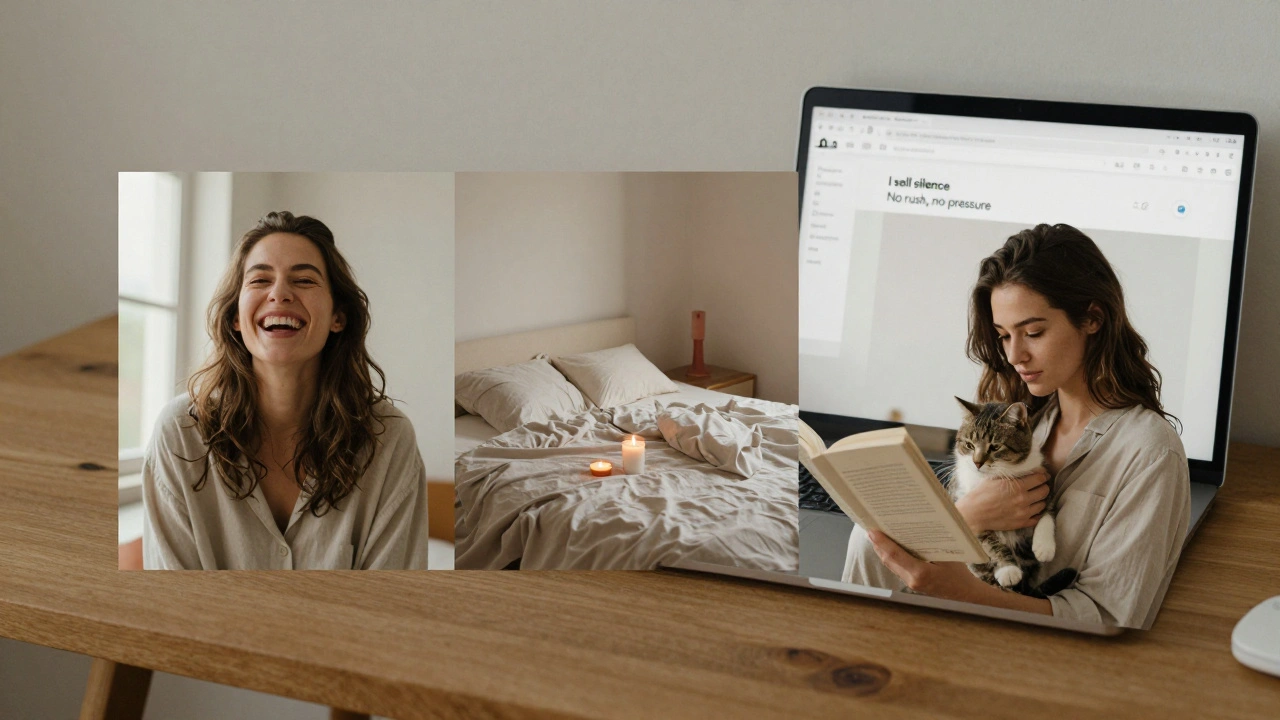 Три фотографии на столе: естественная улыбка, тёплая комната, девушка с котом.