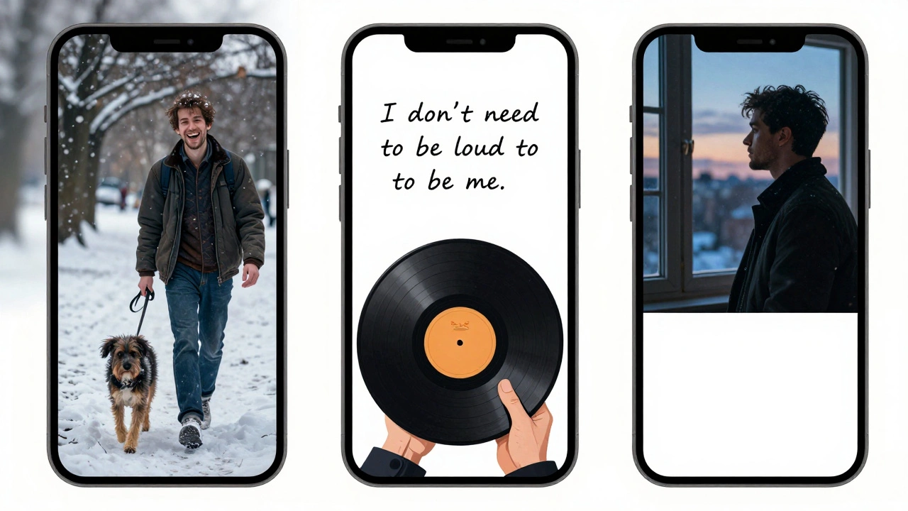 Три фотографии на телефоне: с собакой, с винилом и у окна — честный, непостановочный стиль.