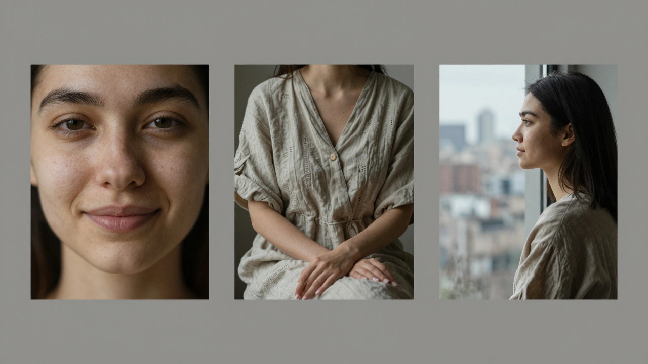 Три фотографии женщины: лицо, одежда и мягкая драпировка — без фильтров и лишних деталей.