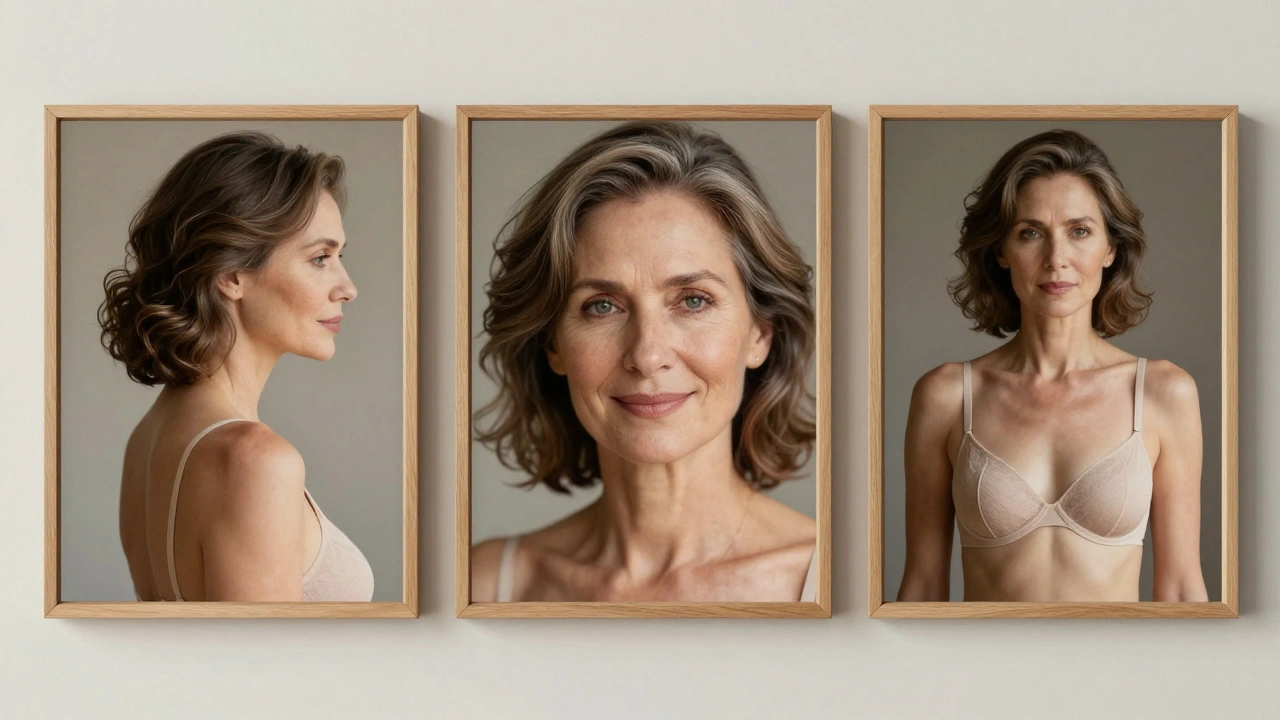 Три натуральных фото женщины: лицо, полупрофиль и элегантное бельё без обнажения.