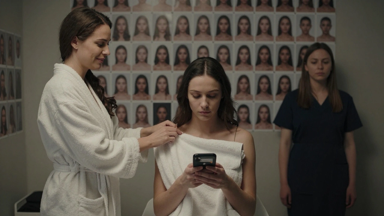 Три женщины: одна в спа, вторая с телефоном, третья перед стеной из одинаковых фото — символ эксплуатации.