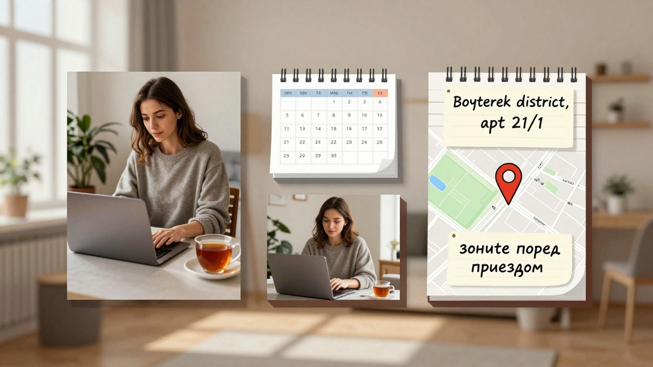 Уютная квартира в Астане: три чётких фото, карта, чай и записка с просьбой позвонить заранее.