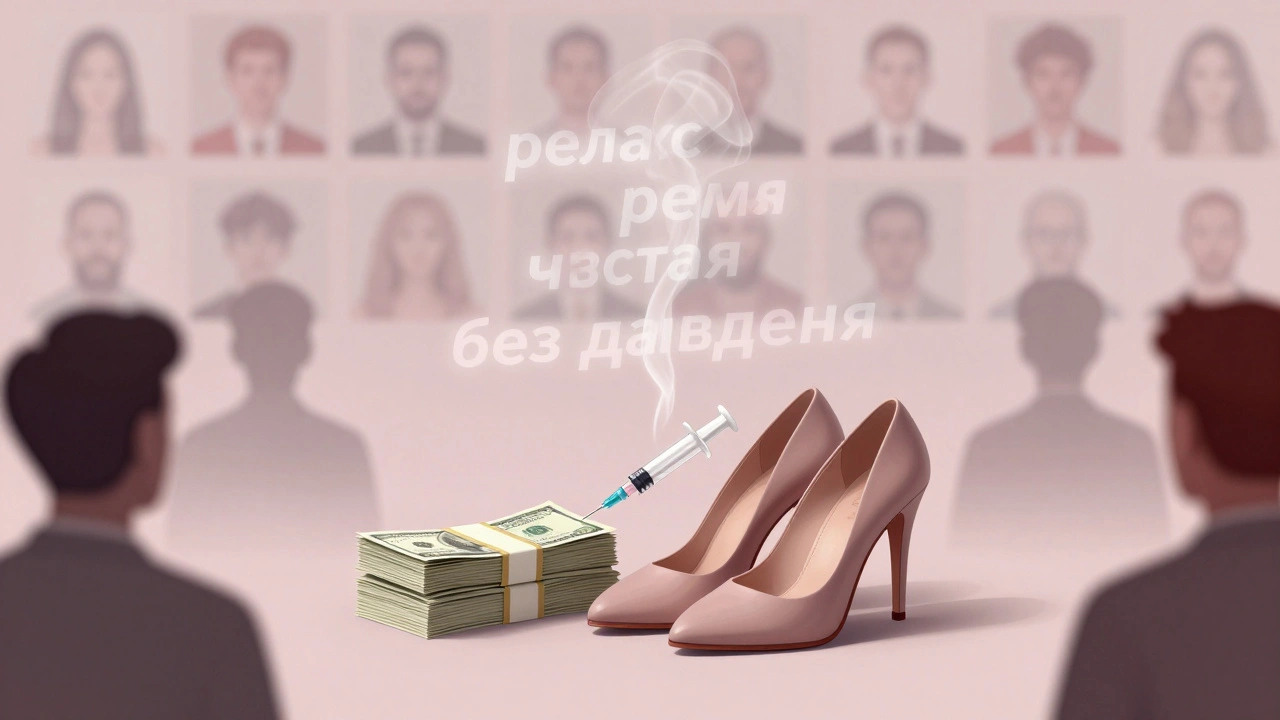 Высокие каблуки и деньги рядом с шприцем, над ними исчезающие слова &#039;релакс&#039;, &#039;время&#039;, &#039;чистая&#039; — символы тайного рынка.