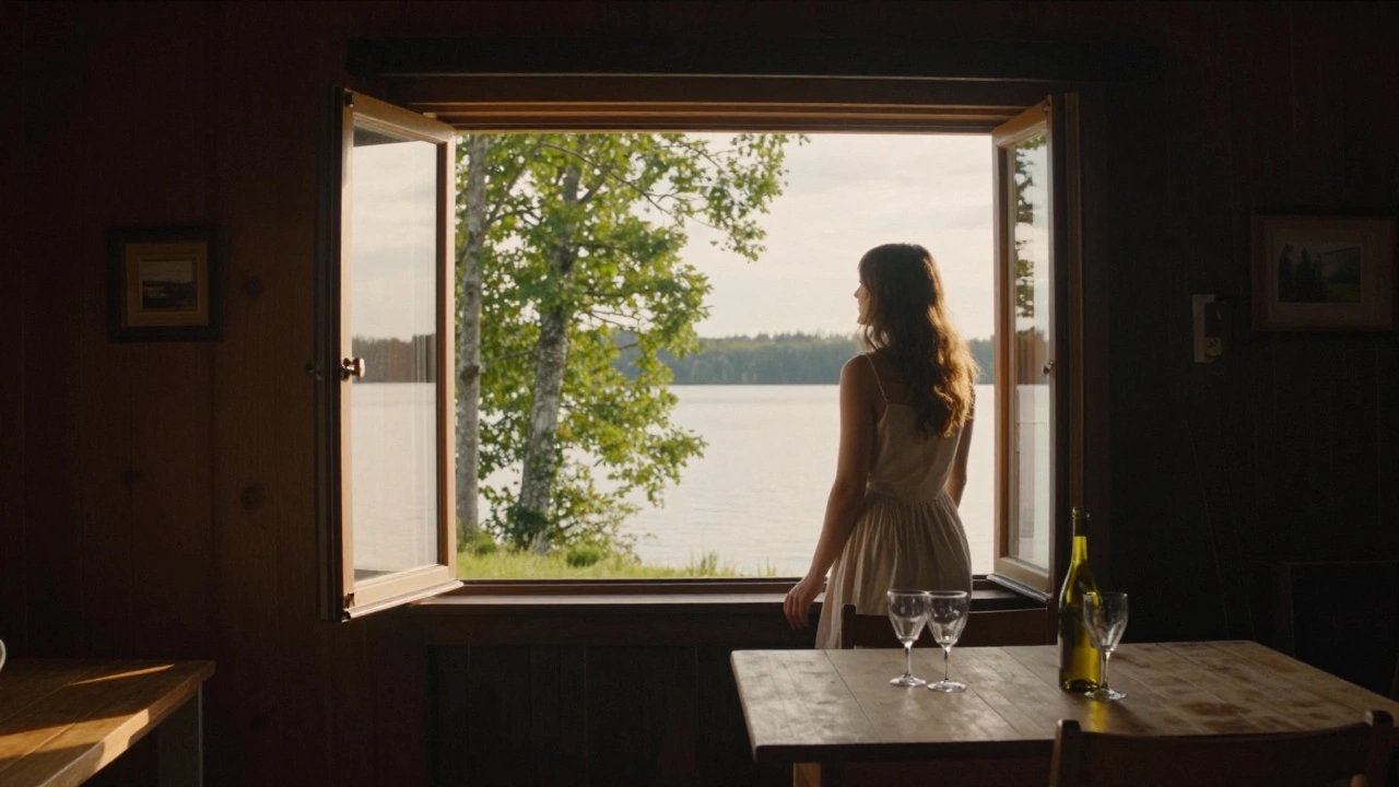 Загородный дом у озера в Астане летом, открытые окна, солнечный свет, спокойная атмосфера.