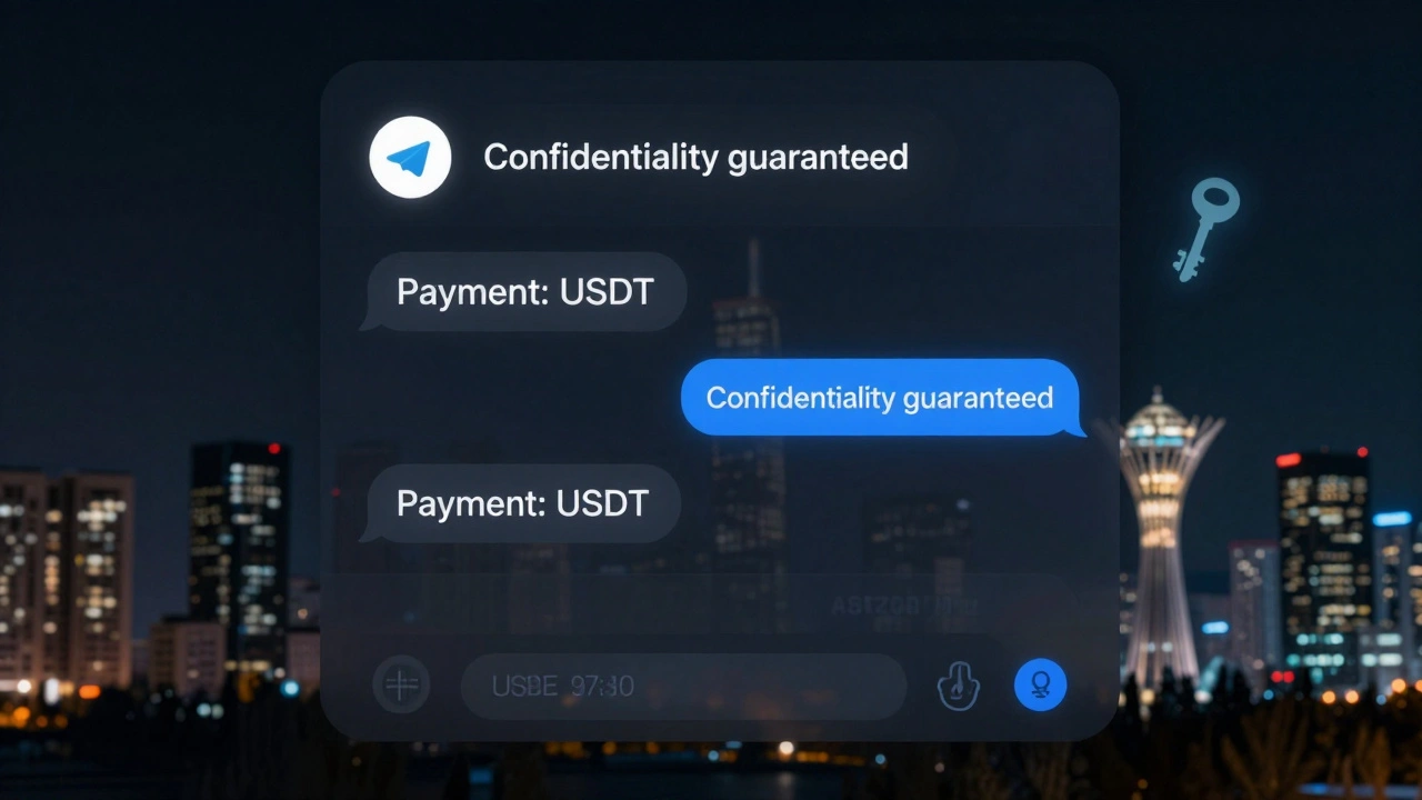 Закрытый Telegram-чат с криптовалютной оплатой и текстами о конфиденциальности, тёмный фон, городской пейзаж.