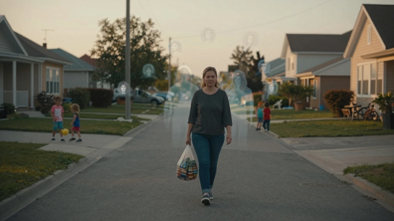 Женщина идет по тихому жилому району, вокруг — семьи и дети, а в воздухе мелькают призрачные онлайн-анкеты.