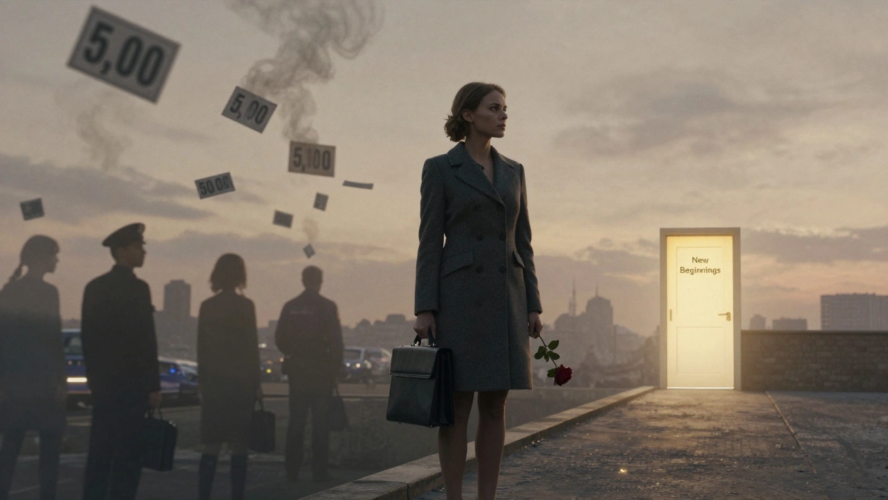 Женщина на фоне города, держащая портфель и розу, с ценами, растворяющимися в дыму, и дверью новых возможностей впереди.