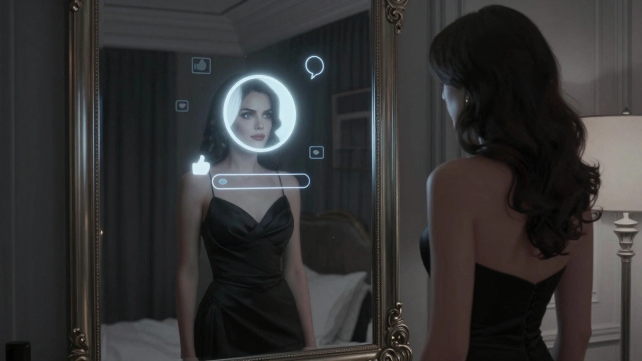 Женщина перед зеркалом, в отражении — её Instagram-профиль, реальное лицо спокойно и без эмоций.