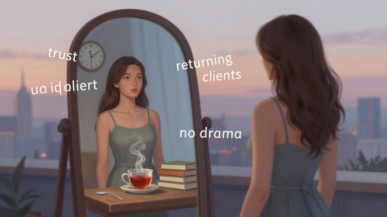 Женщина перед зеркалом, в отражении — спокойная атмосфера, а не тело.