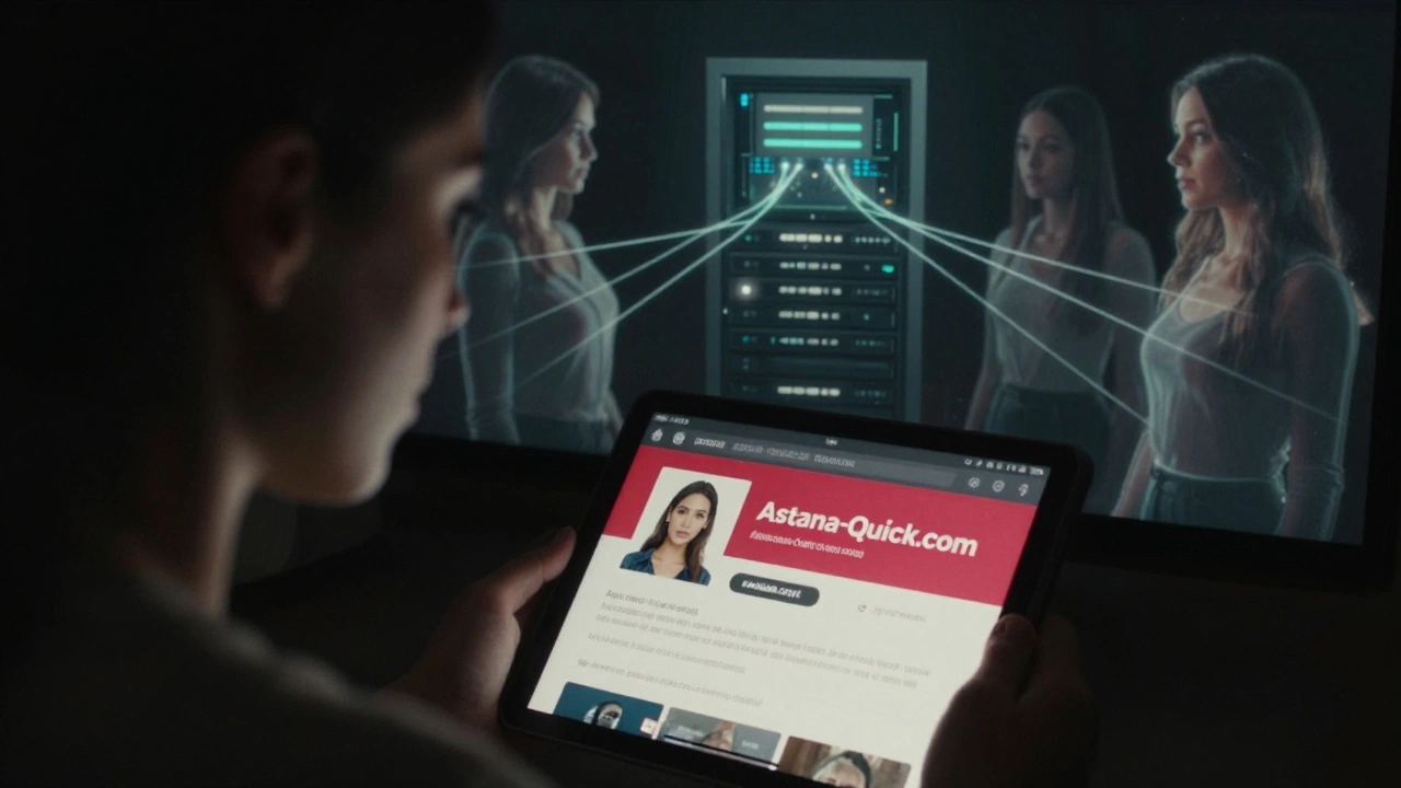 Женщина смотрит, как её старое фото используется в новой рекламе, а вокруг неё — призрачные силуэты других жертв.