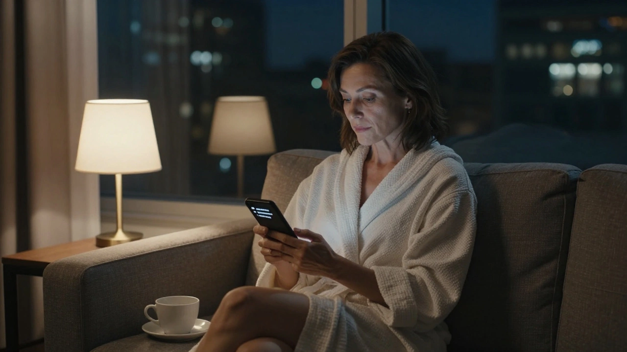 Женщина средних лет в спокойной обстановке центрального района, одинокая, с минимальной анкетой на телефоне.