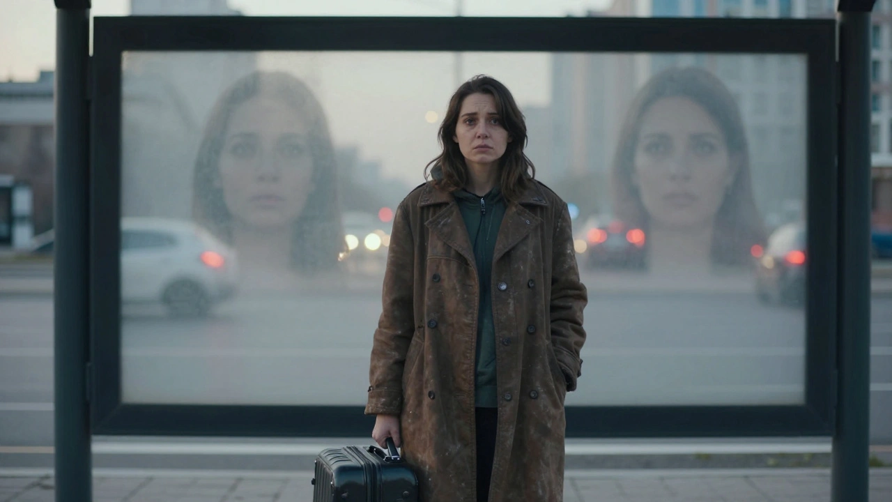 Женщина у автобусной остановки в Астане, с чемоданом, с тенями своих рекламных фото.