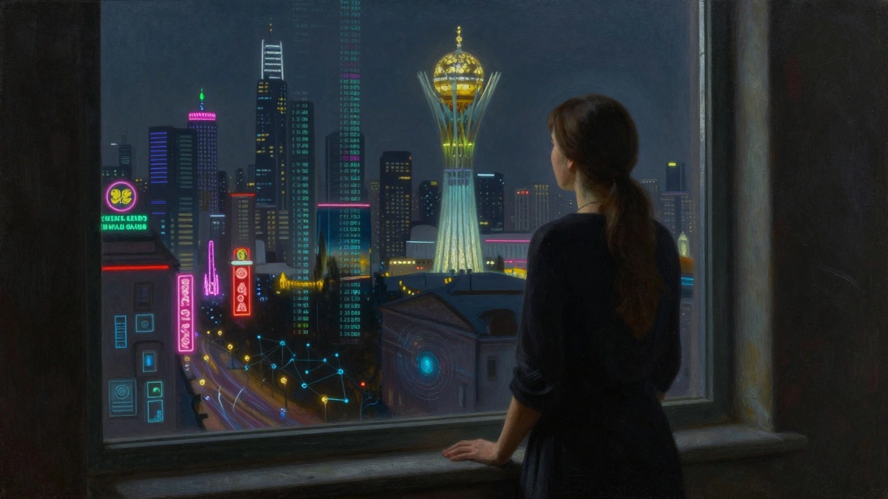 Женщина у окна, чье отражение заменено анонимными объявлениями, за окном — современный город и тени скрытых сетей.