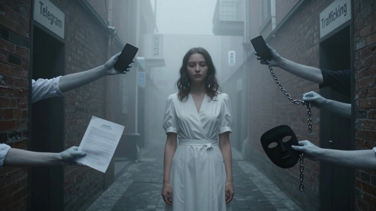 Женщина в белом платье в тумане, из теней тянутся руки с символами мошенничества и насилия.